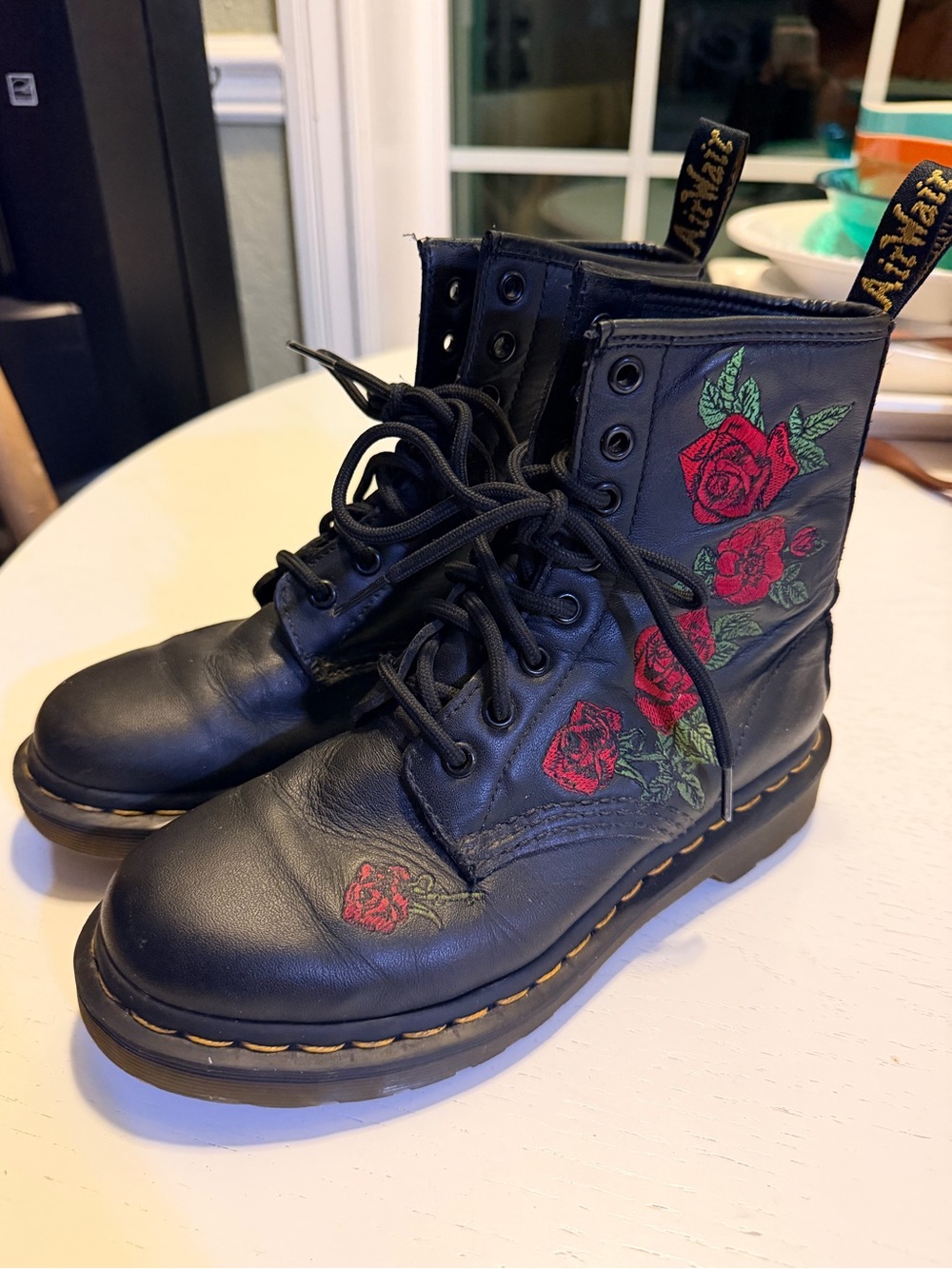Dr. Martens “Vonda” Women's Black Leather and Rose Embroidered Lace-Up Boots